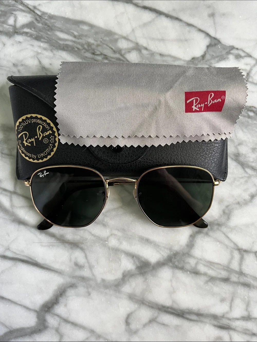 Ray-Ban Gold Frame Sunglasses with Dark Green Lenses